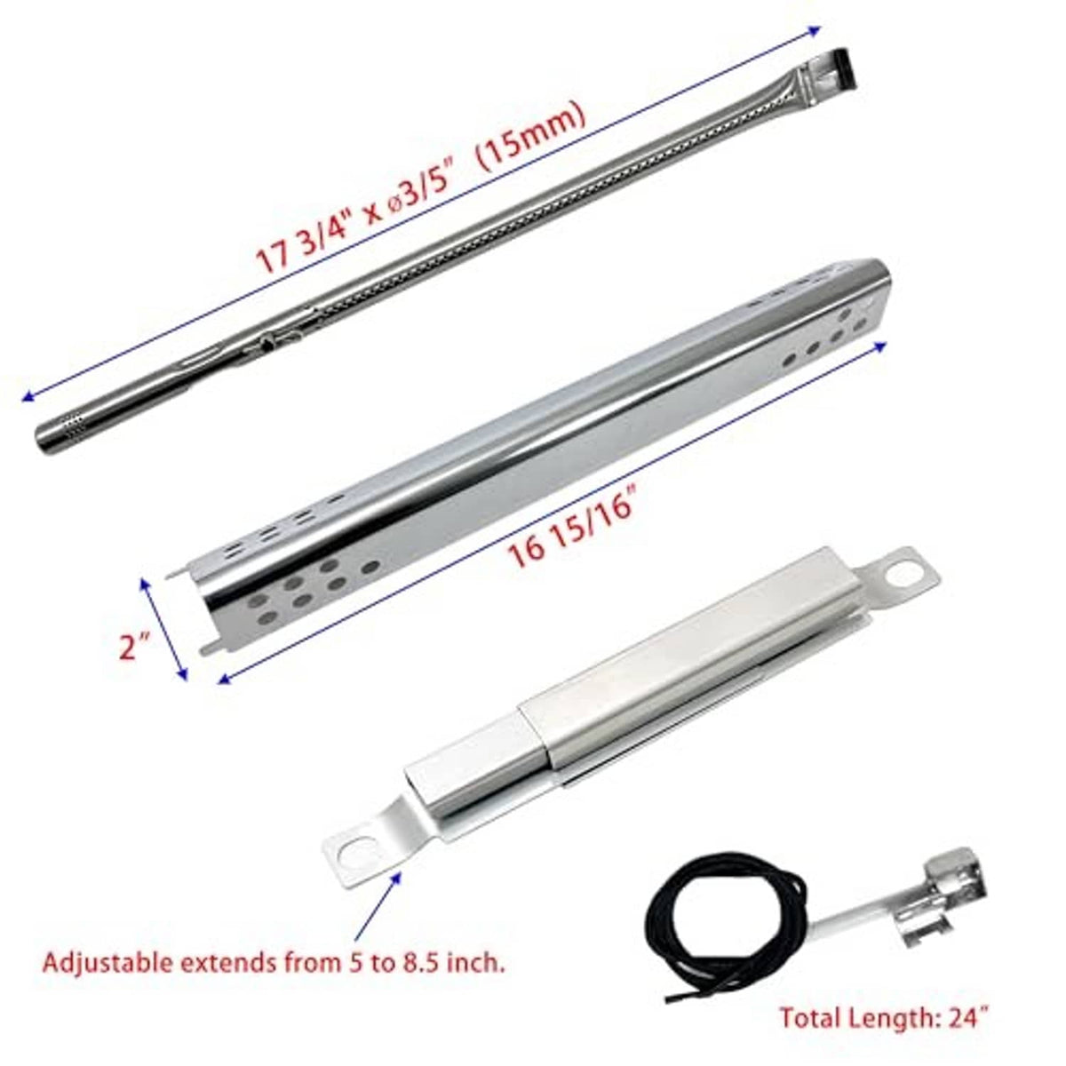 Stainless grill burner tube assembly with adjustable length and crossover tube module