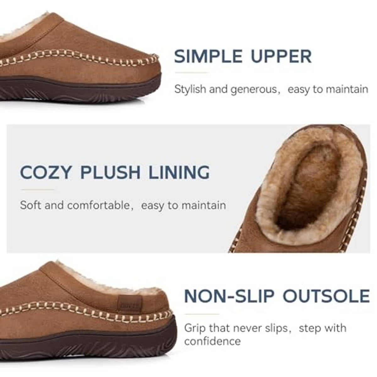Tan moccasin slipper with plush lining, stitch trim, and textured non-slip outsole