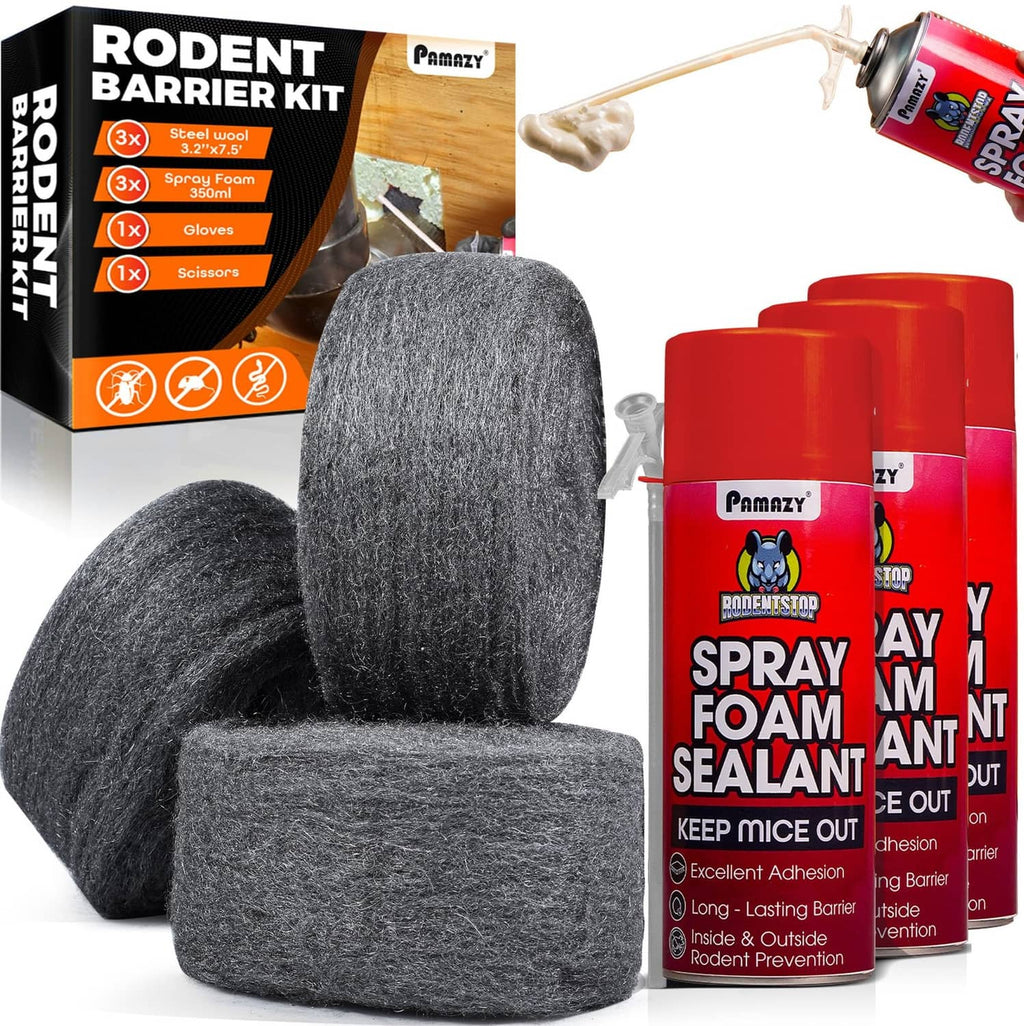 Rodent barrier kit with gray steel wool rolls and red spray foam sealant cans