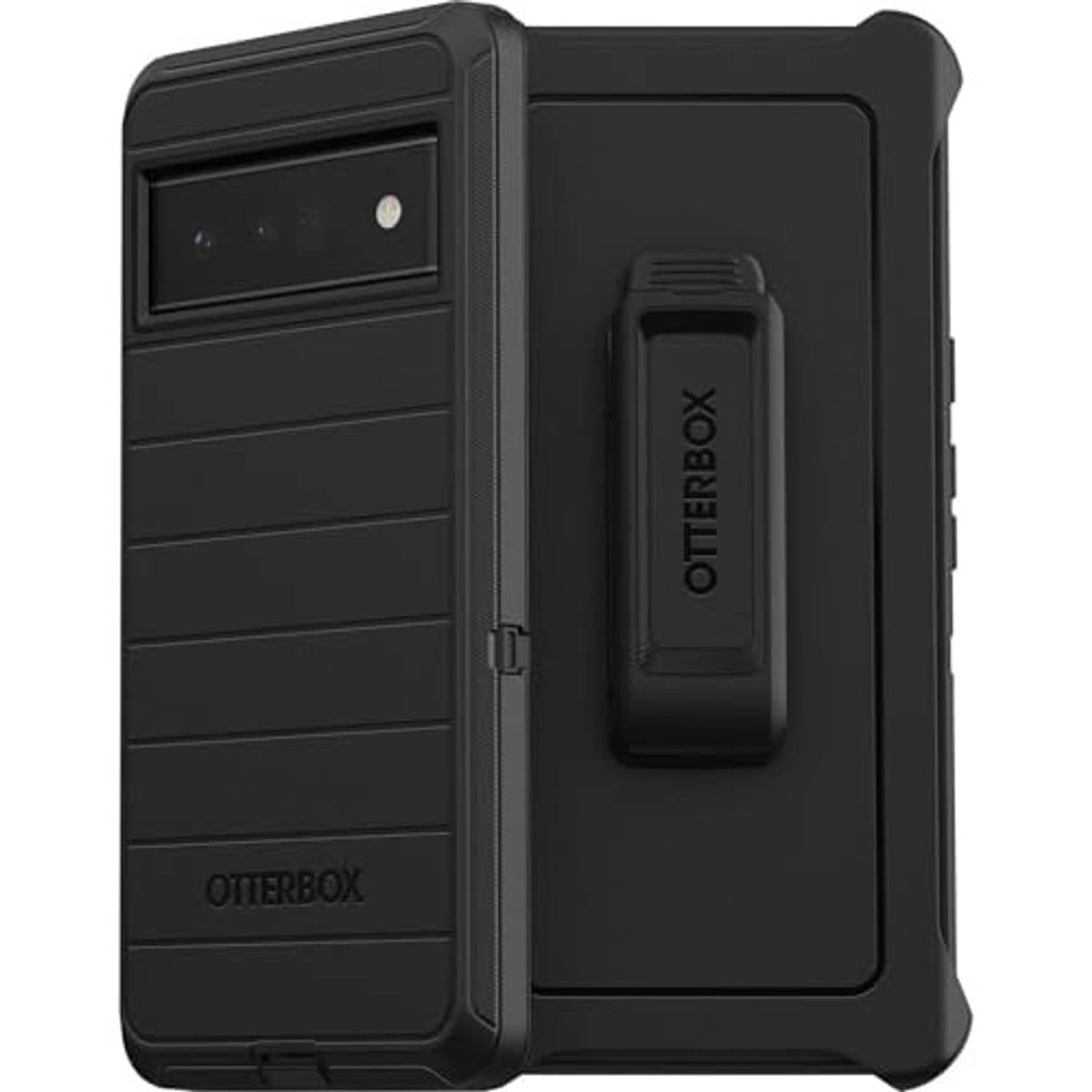 Black rugged phone case with holster clip, textured grip and raised edges
