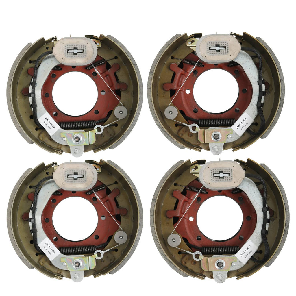 Electric trailer brake backing plate set, four assembled brake housings, left and right pair