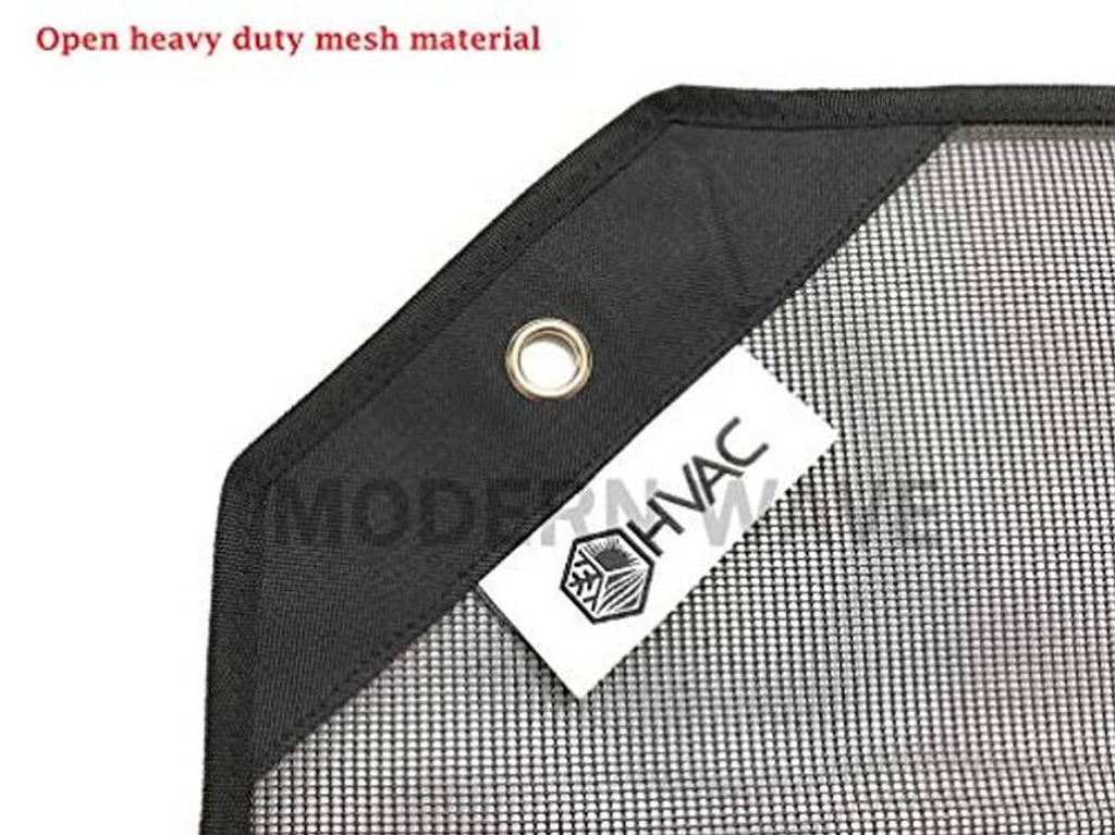 Dark heavy-duty mesh cover with reinforced grommet and HVAC label patch
