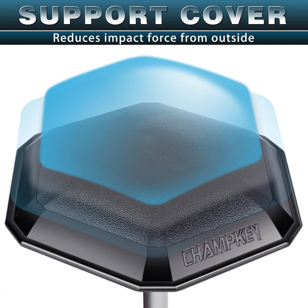 Golf travel bag support rod with black support cover and blue protective pad on head