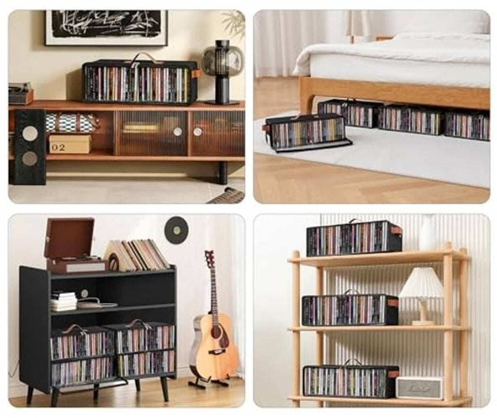 Black CD storage boxes with clear front windows on shelves, zipper closures, orange straps