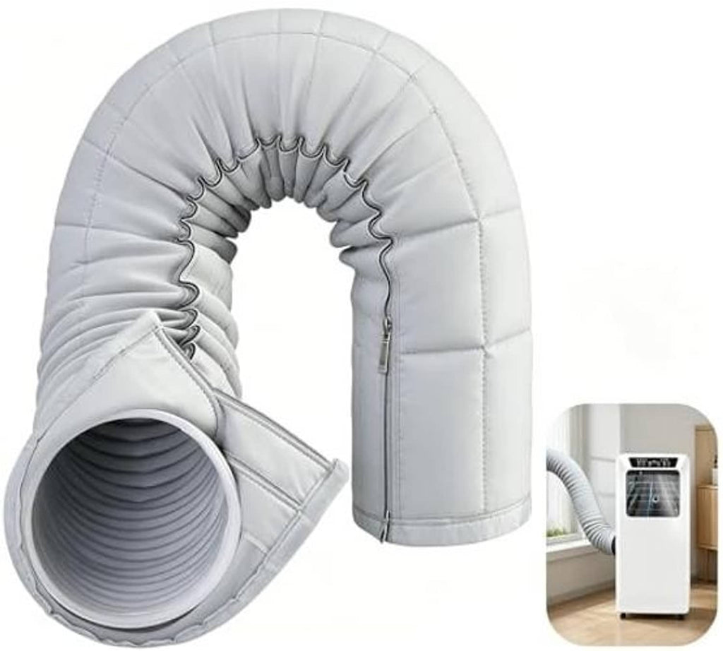 Portable AC hose insulation cover in light gray with front zipper and round hose port