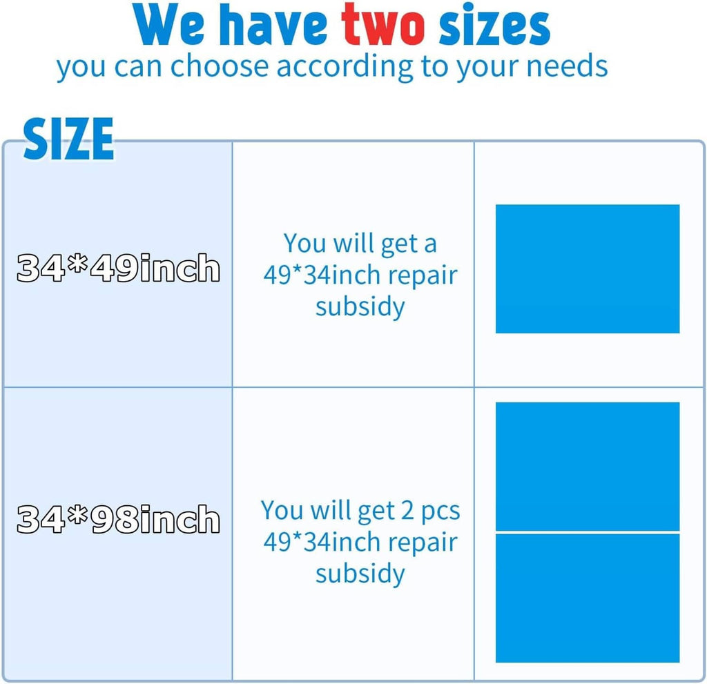 Blue self-adhesive vinyl repair patch size chart with two repair dimensions shown