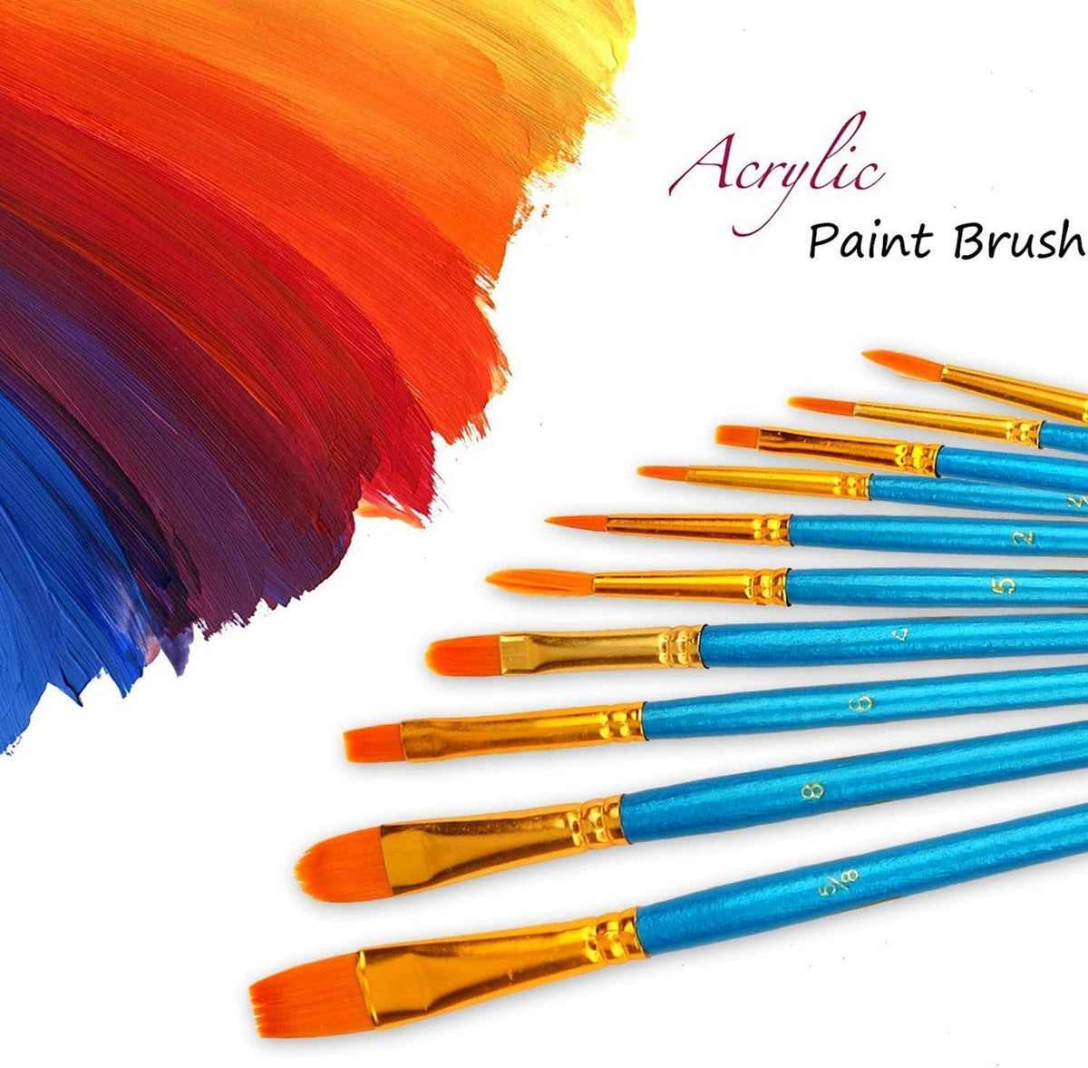 Blue-handled acrylic paint brushes with gold ferrules and orange bristles, close-up