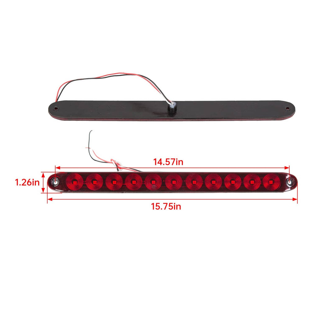 Red LED trailer light bar with black base and wiring harness, 14.57in long