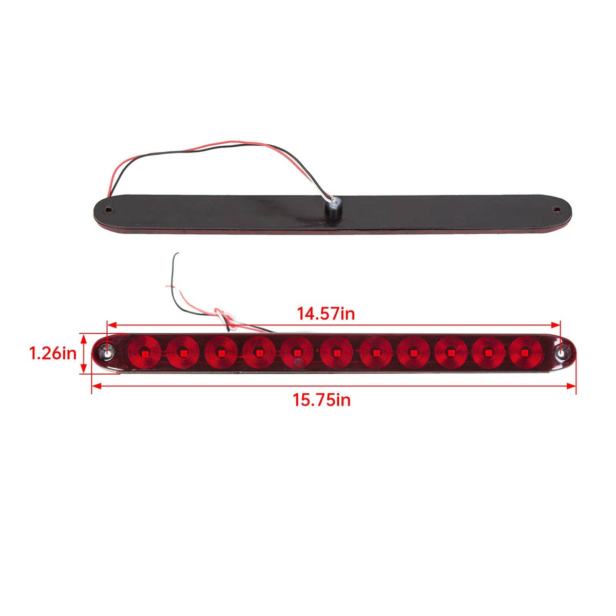 Red LED trailer light bar with black base and wiring harness, 14.57in long
