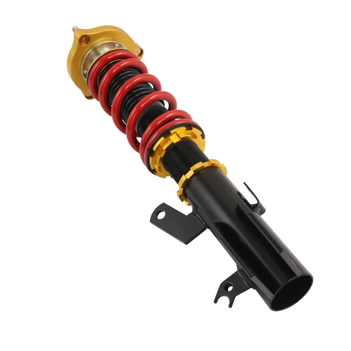 Coilover suspension assembly with red spring, gold top, and black mounting bracket