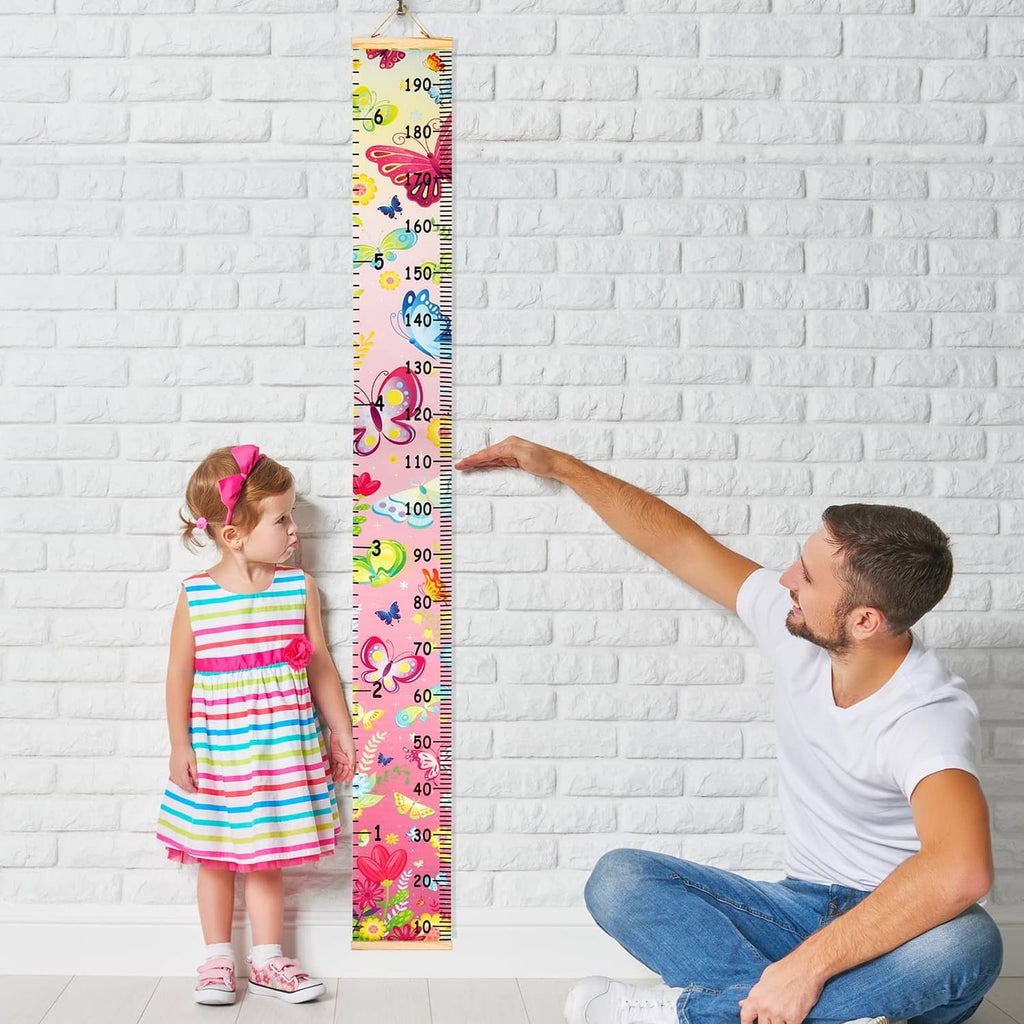 Child and parent measuring height with hanging butterfly kids growth chart