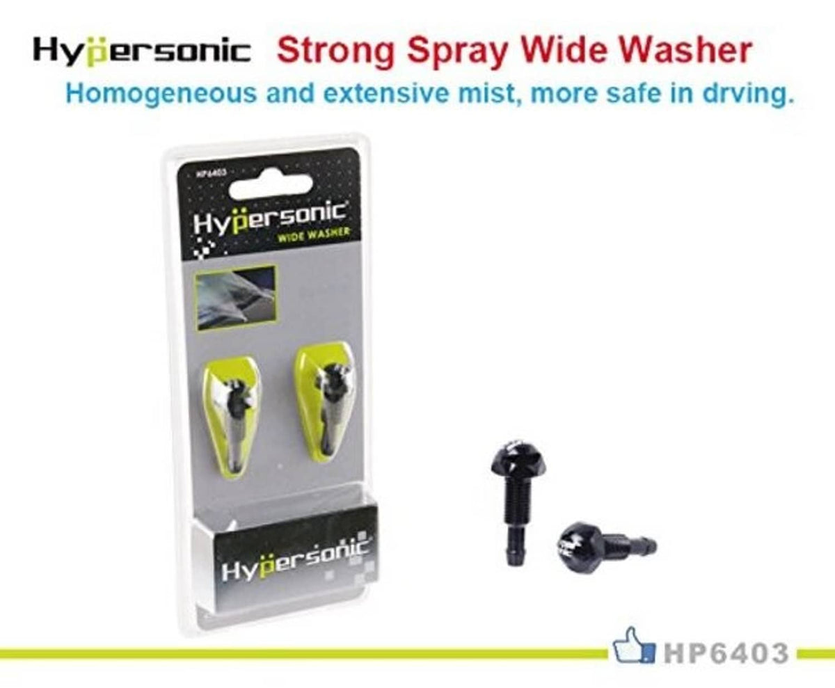 Retail package with two black Hyper sonic wide washer sprayer nozzles and fittings