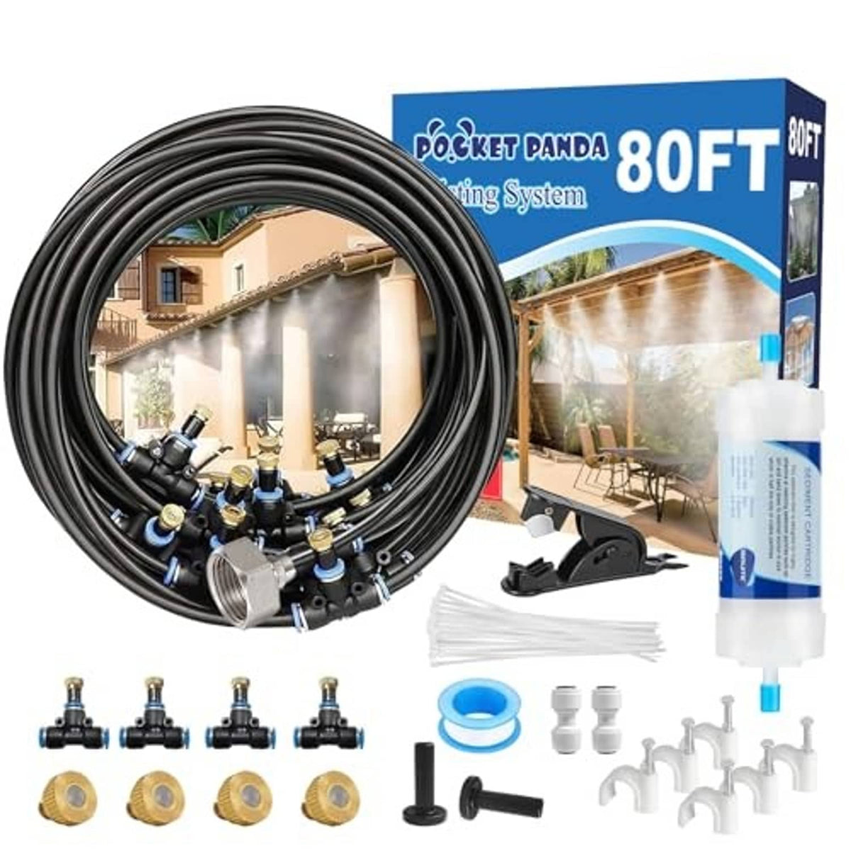 Pre-assembled misting kit set with black 80 ft hose, multiple nozzles, fittings, and filter