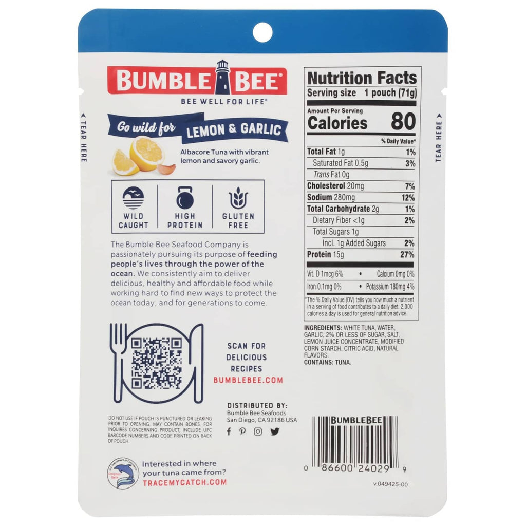 Bumble Bee albacore tuna pouch back with nutrition facts panel