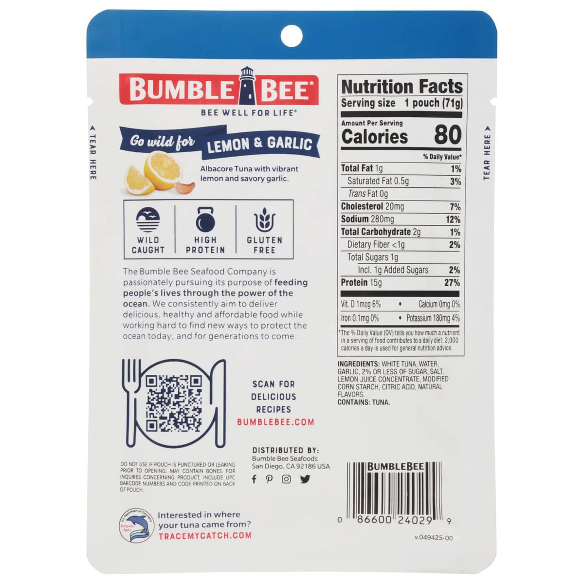 Bumble Bee albacore tuna pouch back with nutrition facts panel