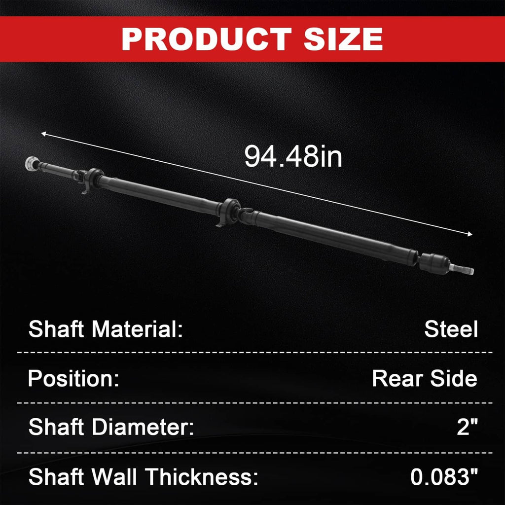 Rear driveshaft assembly shown with 94.48 in length, steel material, rear side