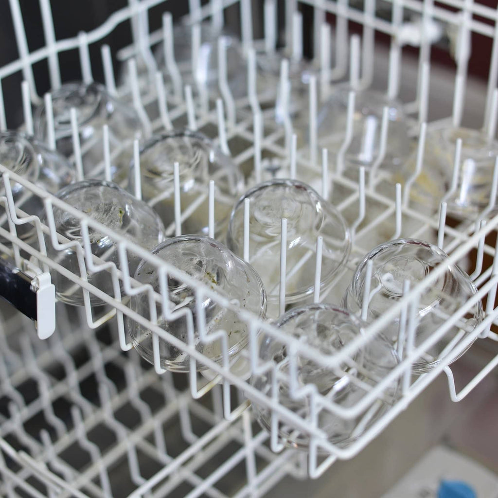 Clear glass custard cups in dishwasher rack
