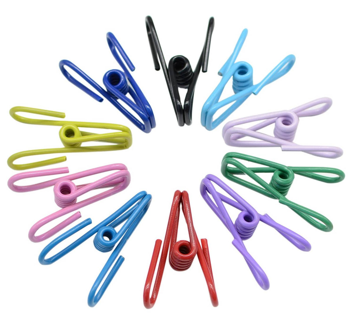 Assorted PVC-coated chip clips in multiple colors, spread out on a plain background