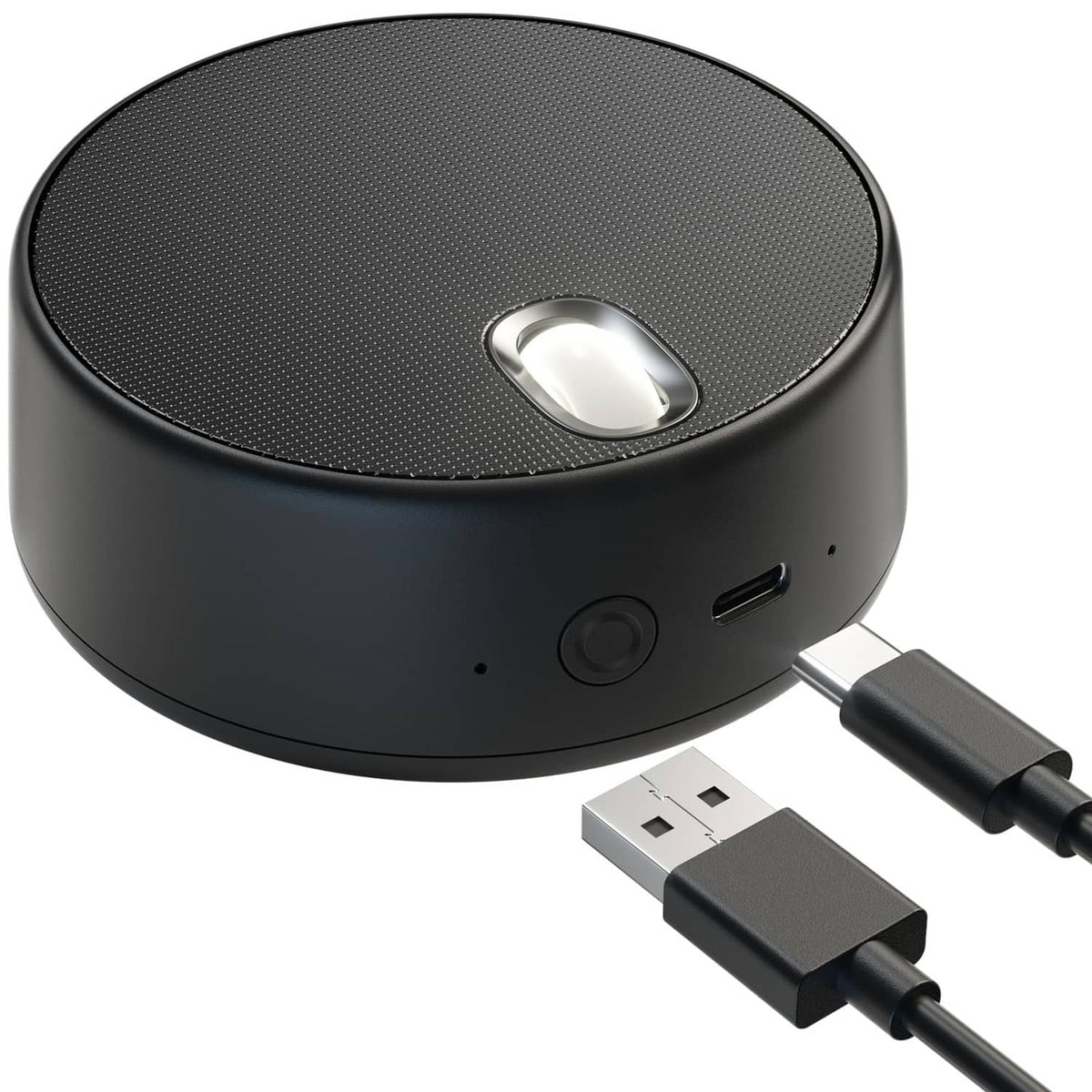 Round black USB computer speaker with built-in microphone, USB cable connected