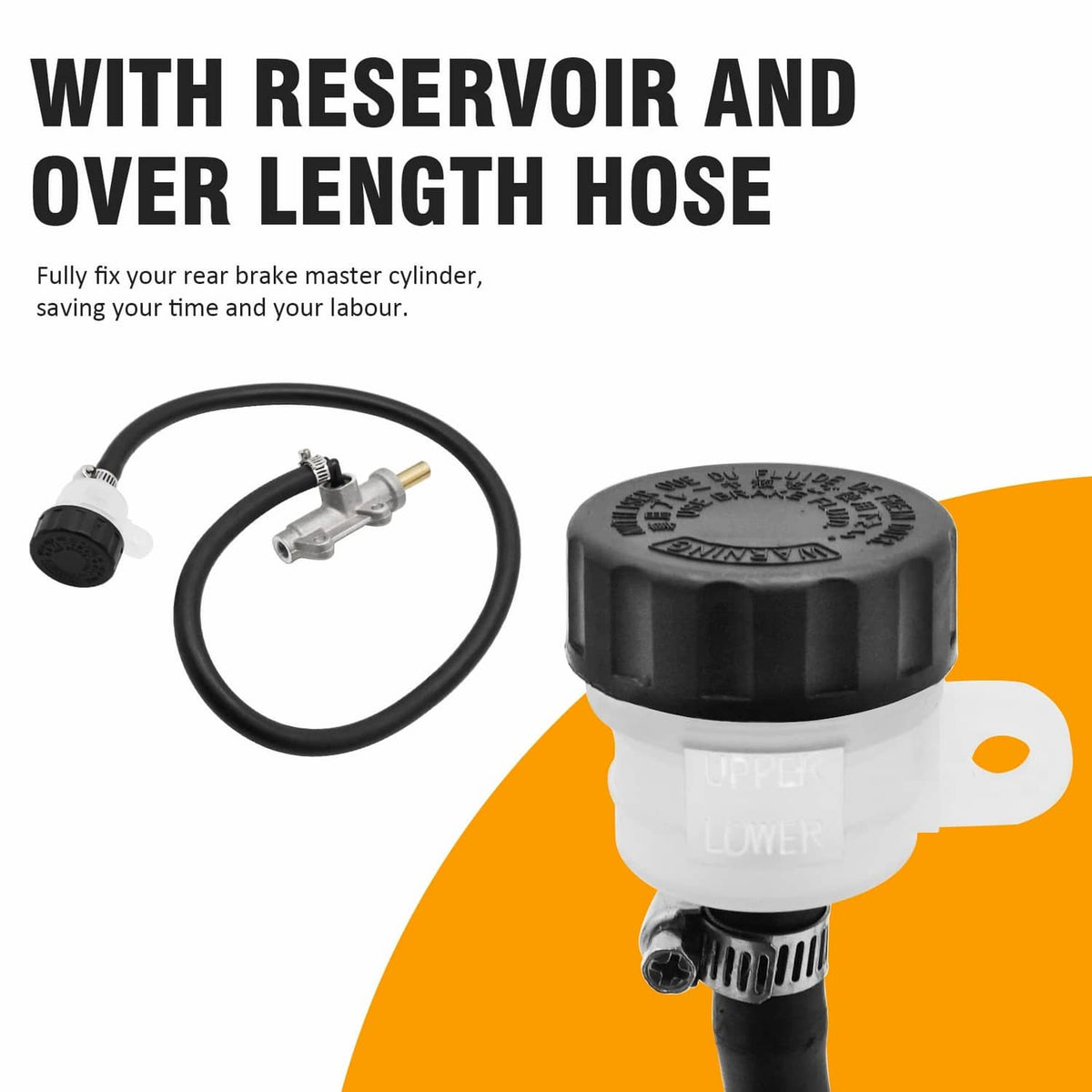Rear brake master cylinder with reservoir and overlength brake hose