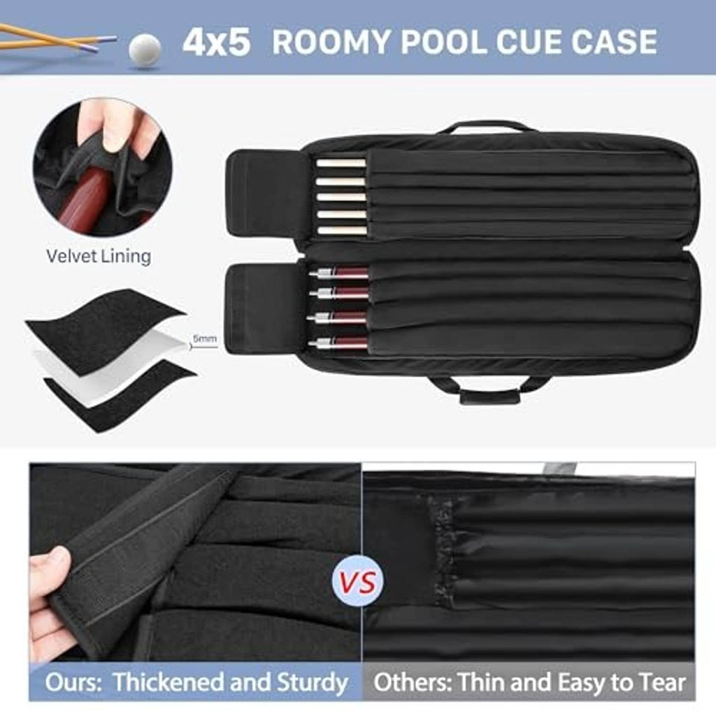 Black pool cue case with velvet-like lining and padded divider sleeves