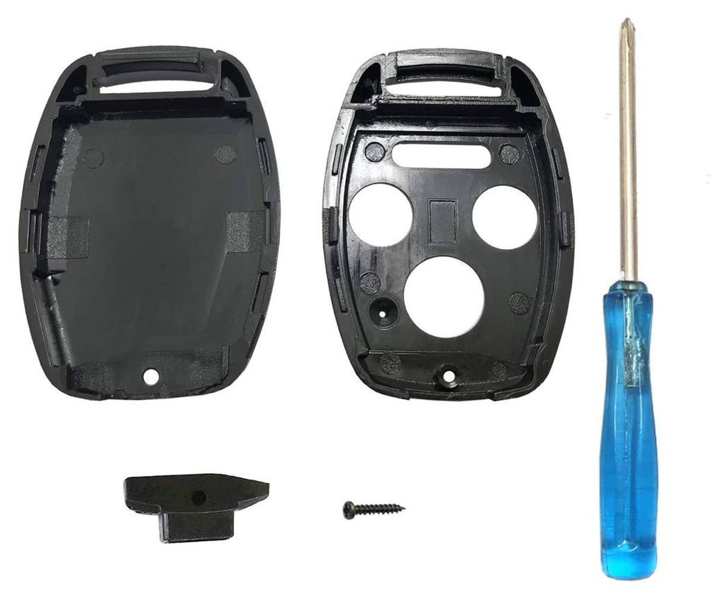 Black key fob shell case with three circular cutouts, plus small screws and key bit