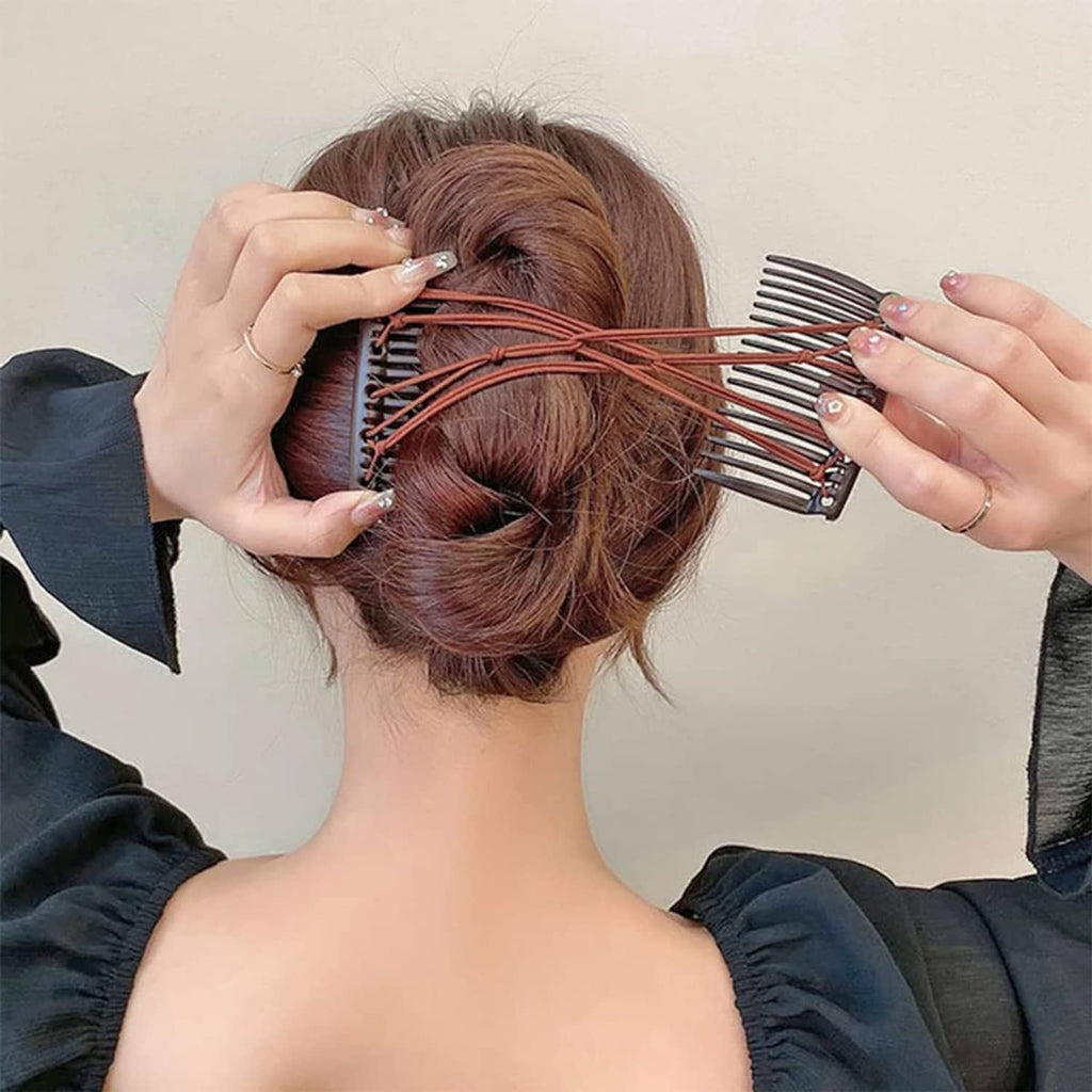 Maroon elastic double hair comb fork holding a braided bun