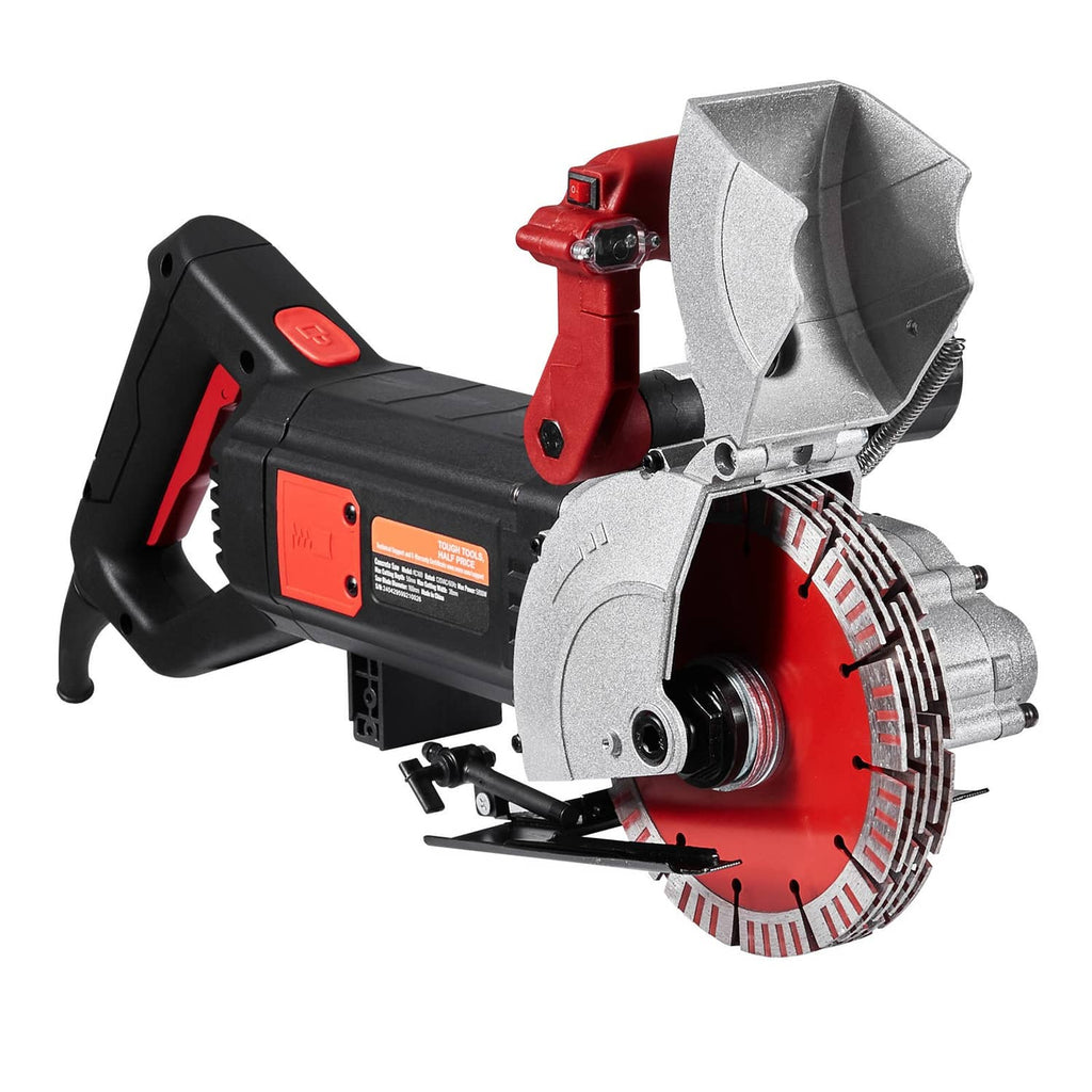 Wall groove cutter angled view with red guard arm, black housing, and silver cutting blade