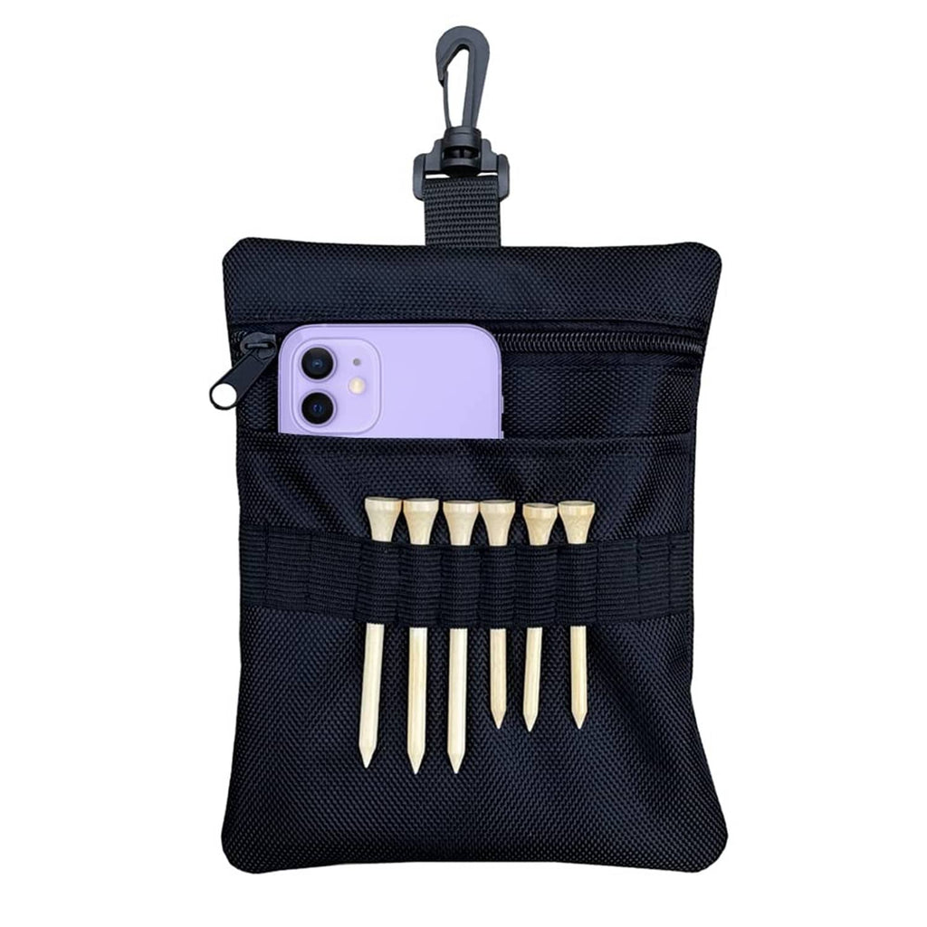 Black golf tee pouch bag with zipper, phone pocket, and elastic tee holder slots