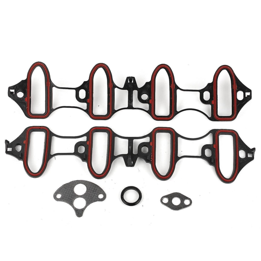 Intake manifold gasket set with red-trim gaskets and two small gray sealing pieces