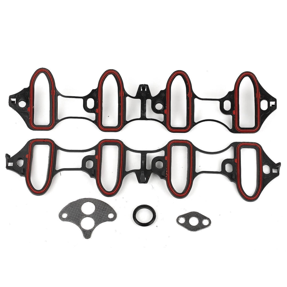 Intake manifold gasket set with red-trim gaskets and two small gray sealing pieces