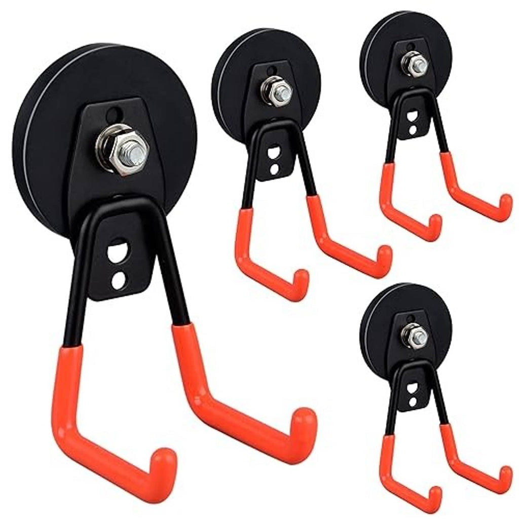 Four orange-and-black magnetic hooks with black bases and U-shaped orange arms, isolated set