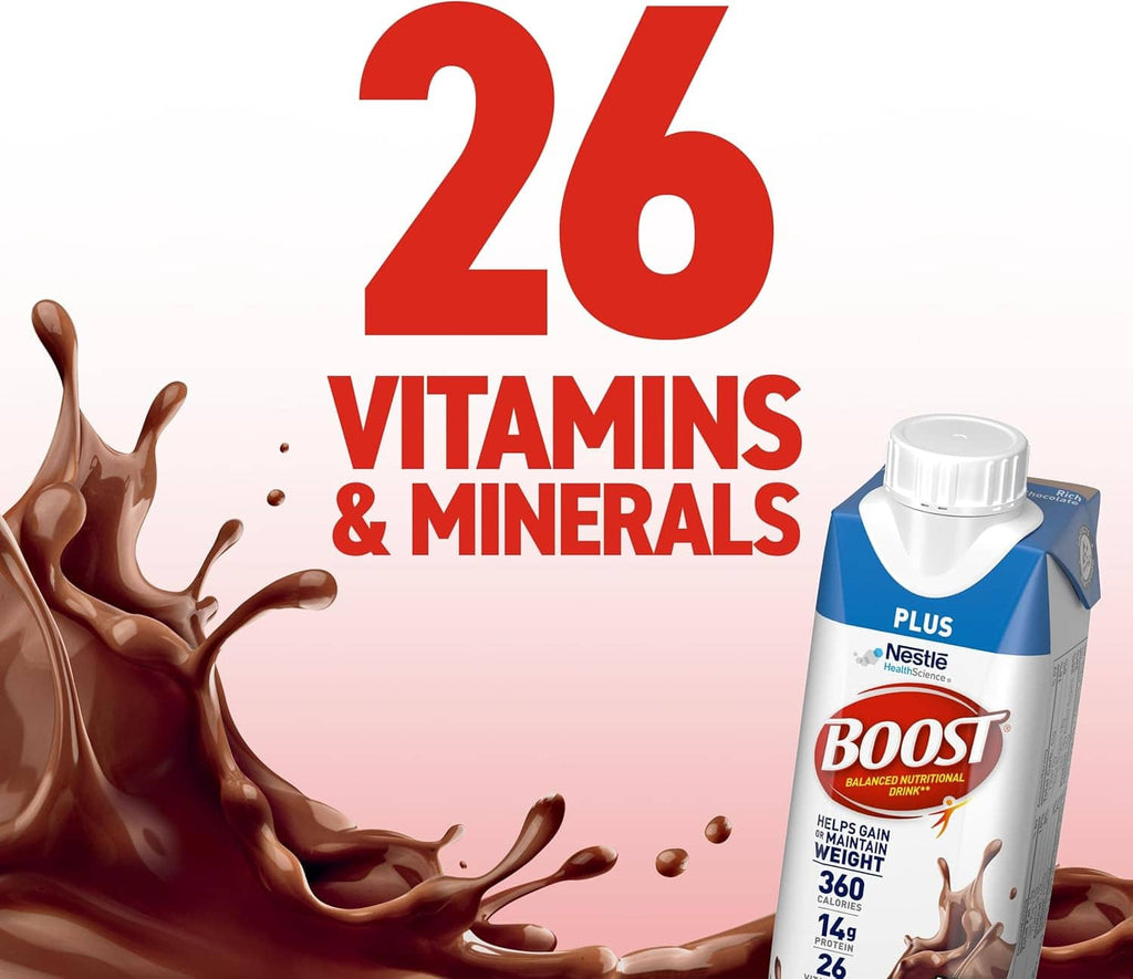 Rich chocolate drink carton highlighting “26 vitamins & minerals” with chocolate splash.