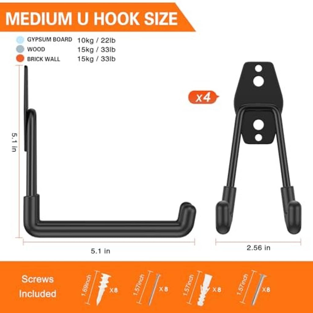 Medium black U-hook garage hook with size measurements shown