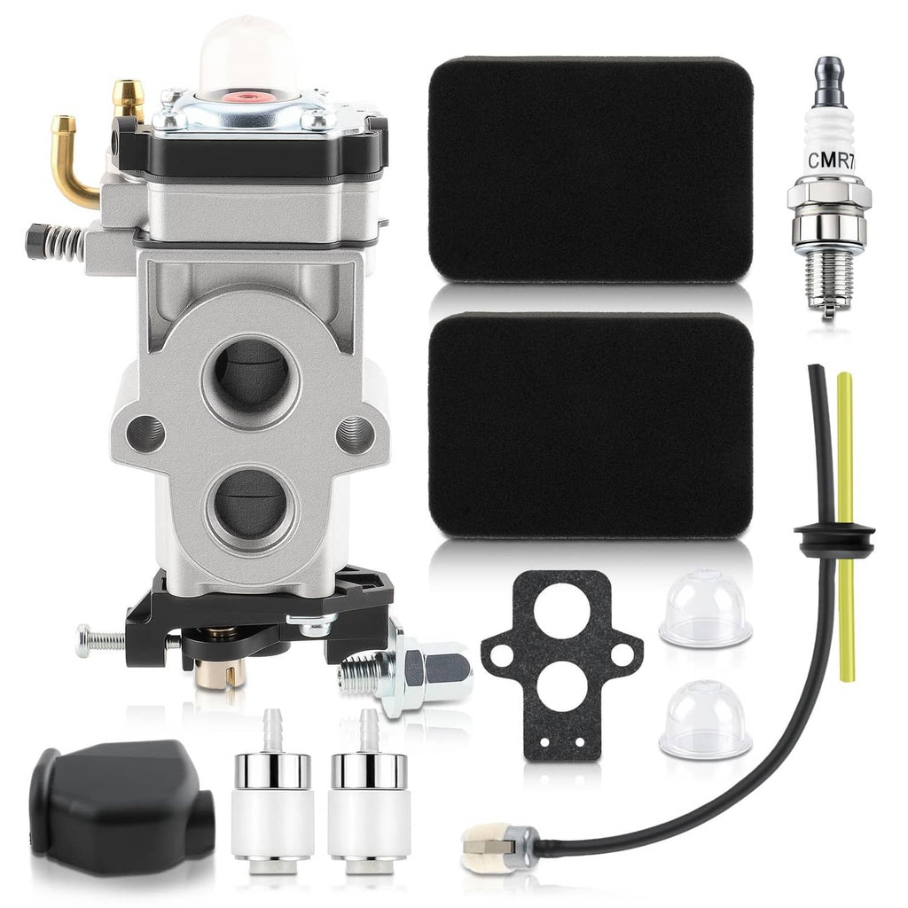Carburetor kit with aluminum body, air filter foam pads, spark plug, gasket and hoses