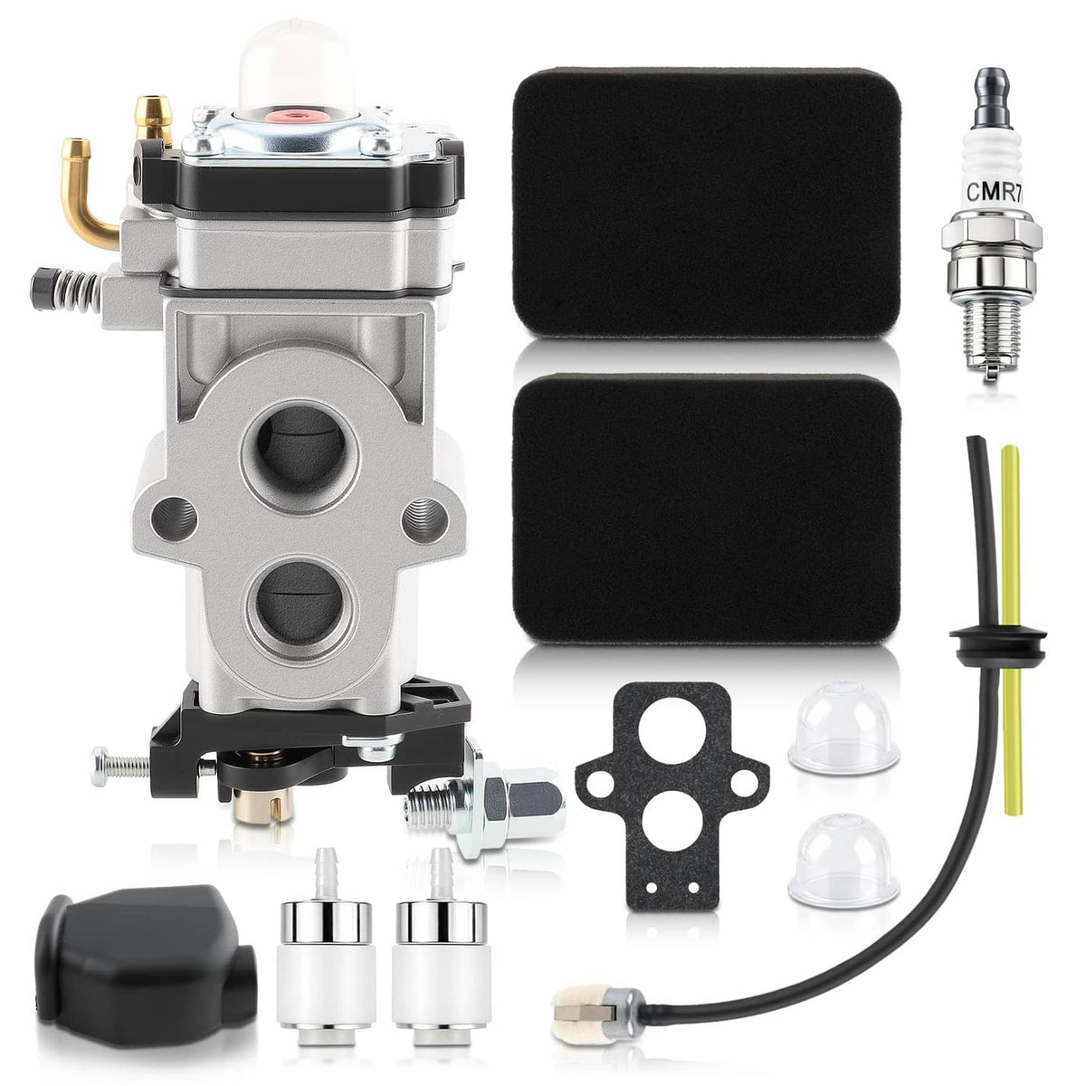 Carburetor kit with aluminum body, air filter foam pads, spark plug, gasket and hoses