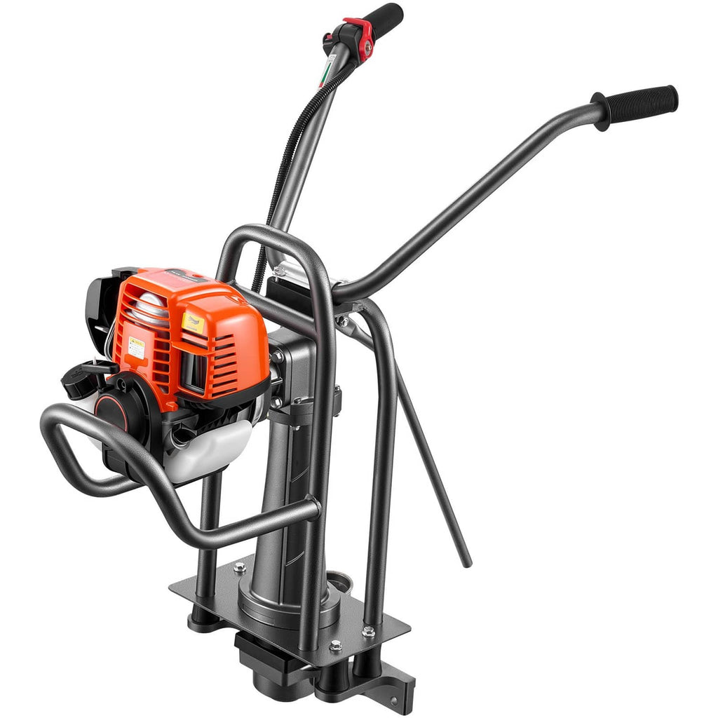 Gas-powered concrete screed machine with orange engine, black frame, and handle