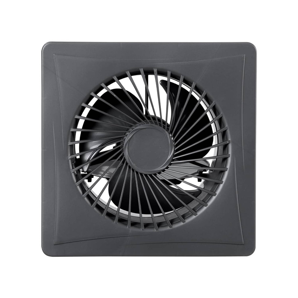 Ventilation fan with gray square housing and circular vent fan blades