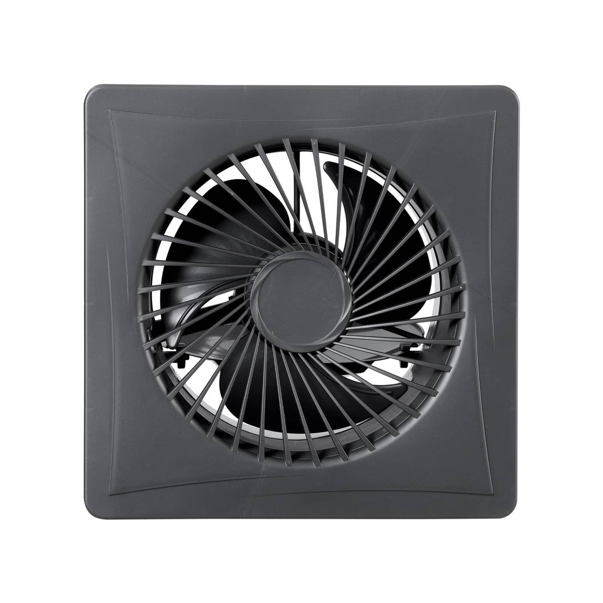 Ventilation fan with gray square housing and circular vent fan blades