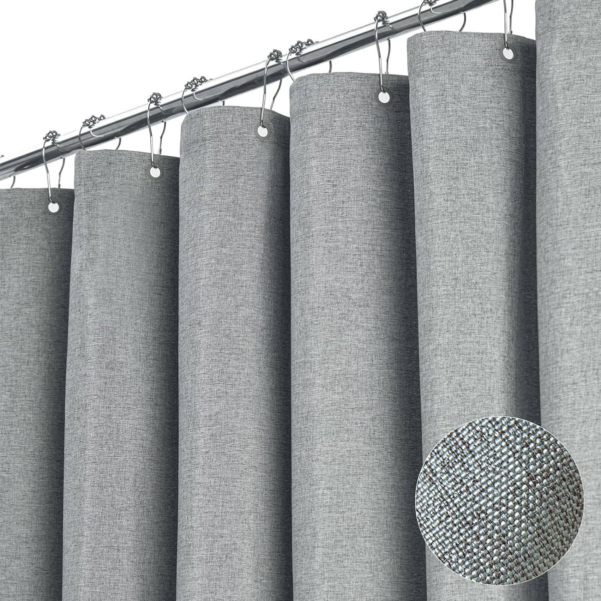 Grey shower curtain panels with metal grommets and textured woven fabric detail circle