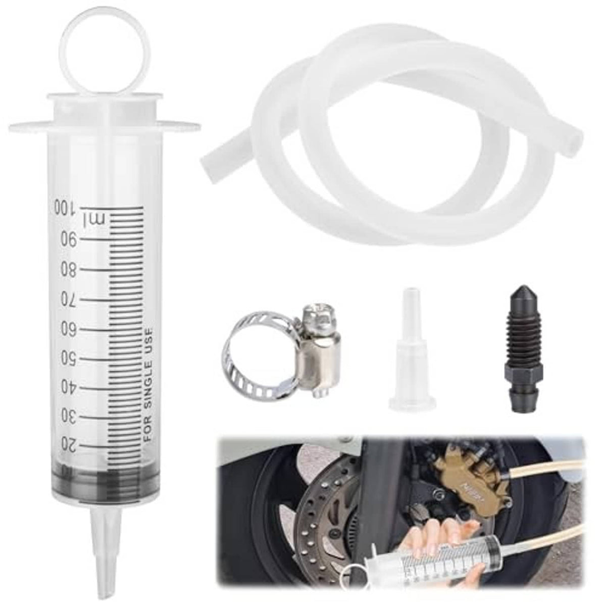 Motorcycle brake bleeder pump kit showing 100 ml cylinder, clear tubing loop, and bleeder valve