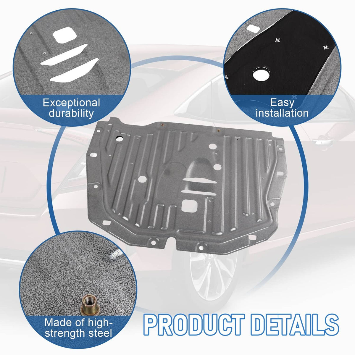 Under car shield cover with ridged steel panel and large mounting holes for installation