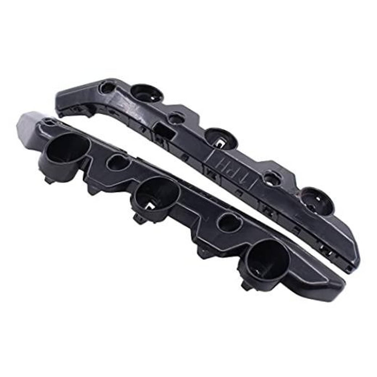 Front bumper bracket retainer pair, dark plastic with mounting holes and guide tabs