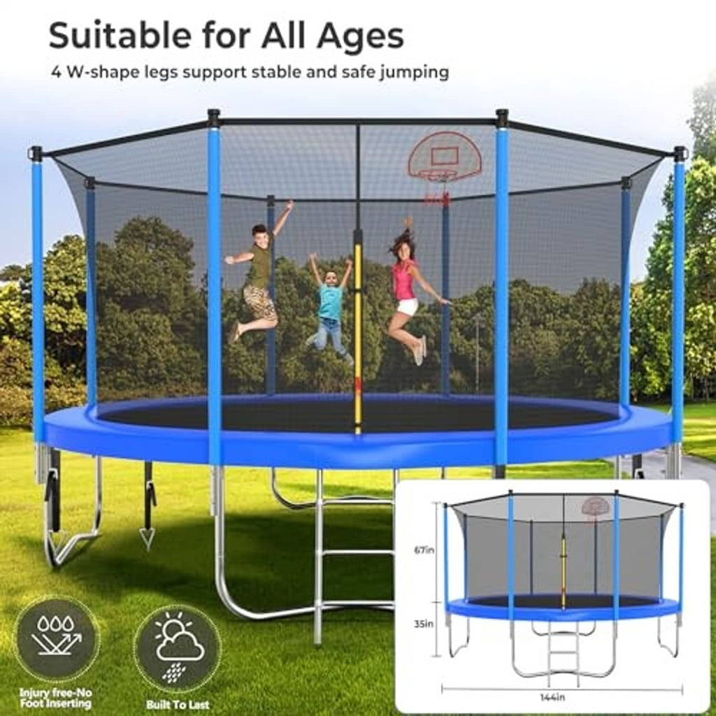 Blue outdoor trampoline with ladder and tall safety net enclosure for jumping