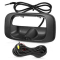 Tailgate handle backup camera with black housing and attached wiring harness