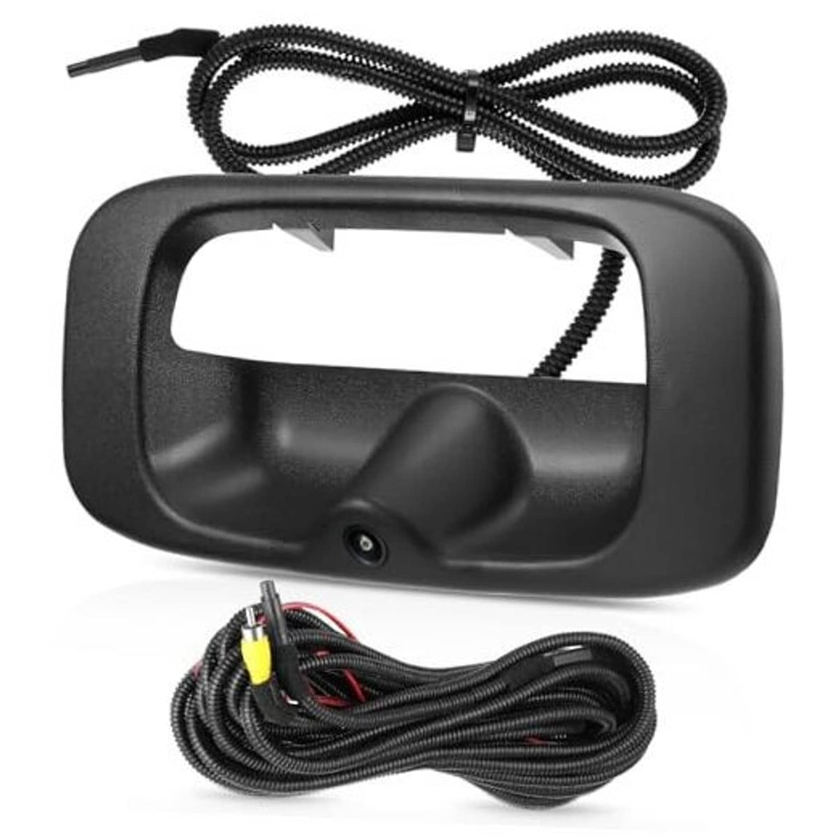 Tailgate handle backup camera with black housing and attached wiring harness
