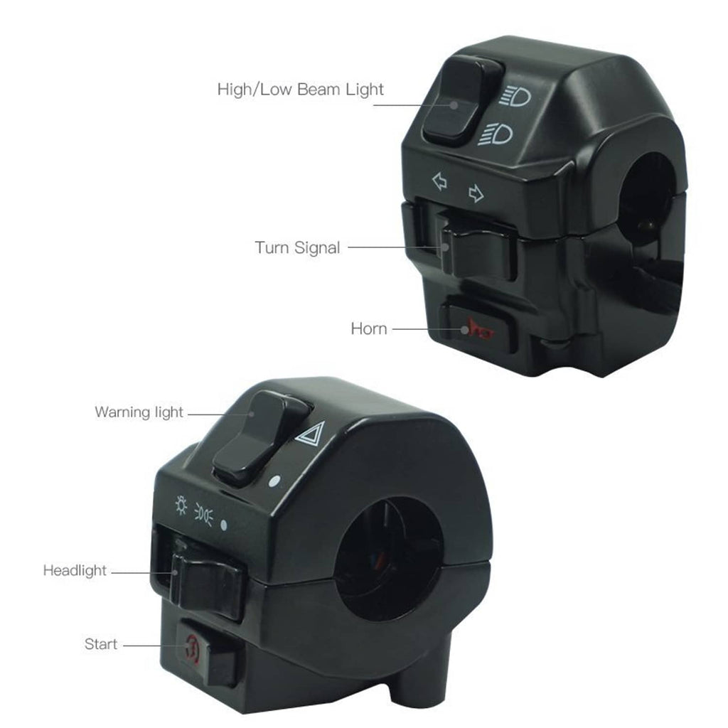 Motorcycle handlebar switch control with labeled buttons for headlight, turn signal, horn