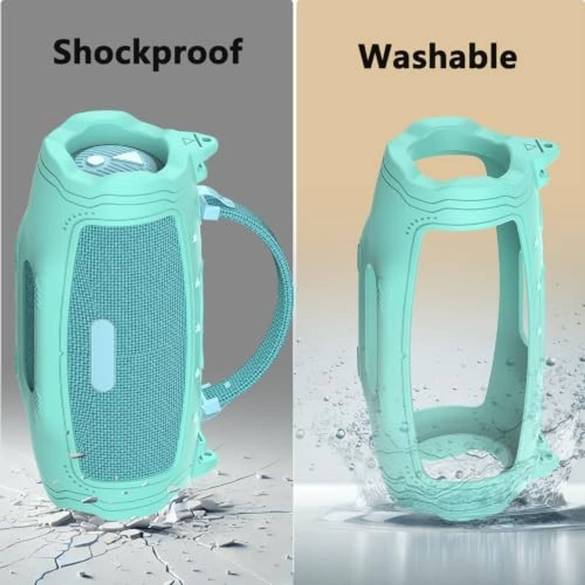 Teal silicone speaker case with open bottom and carry handle