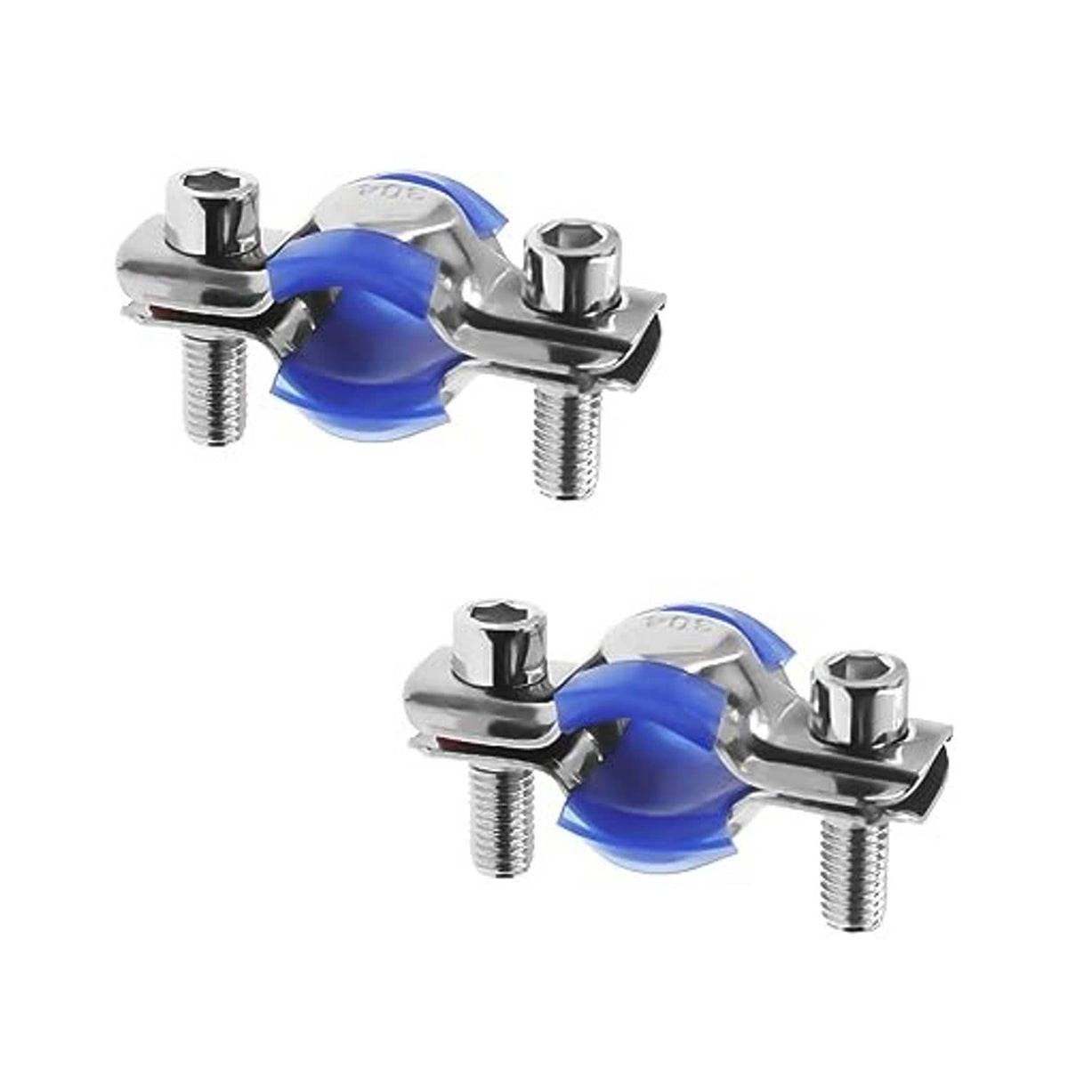 Stainless steel split-ring pipe clamp with blue silicone cushion and threaded mounting screws