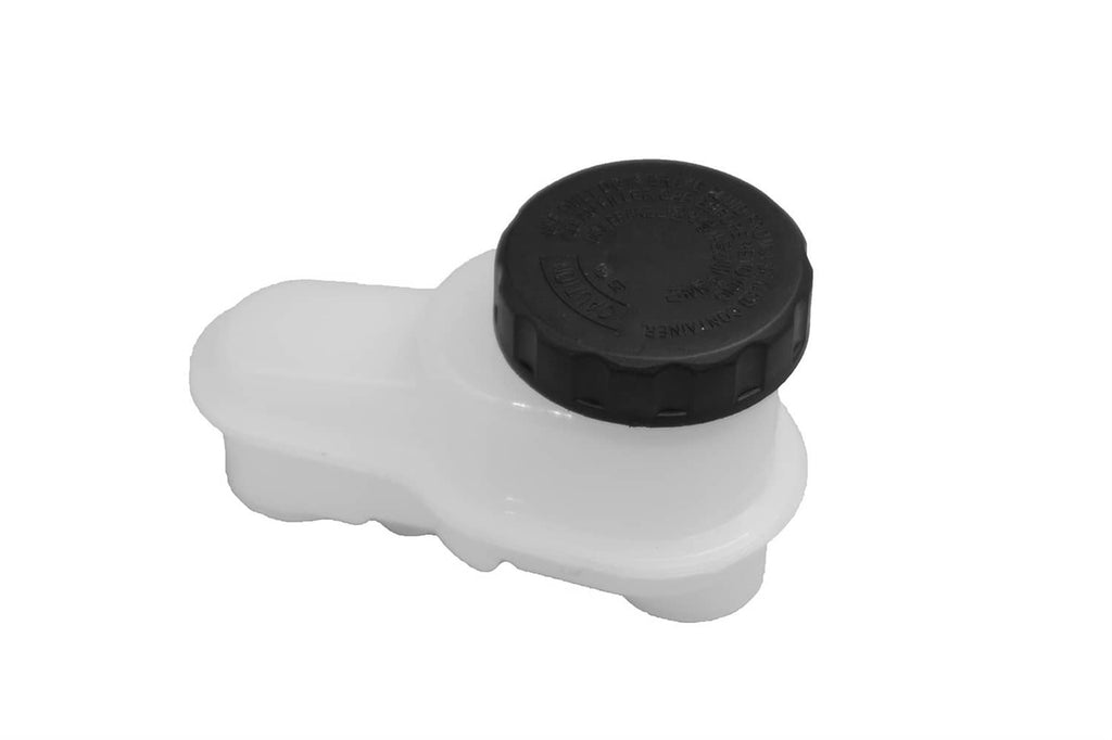 White brake master cylinder reservoir with black round cap, top view